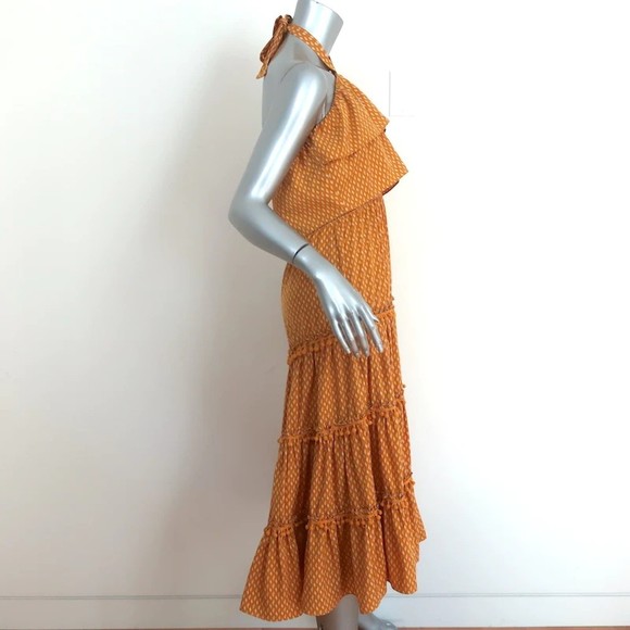 MISA Halter Midi Dress Asya Pom Pom Trim Marigold Block Print Size Small - Picture 3 of 7